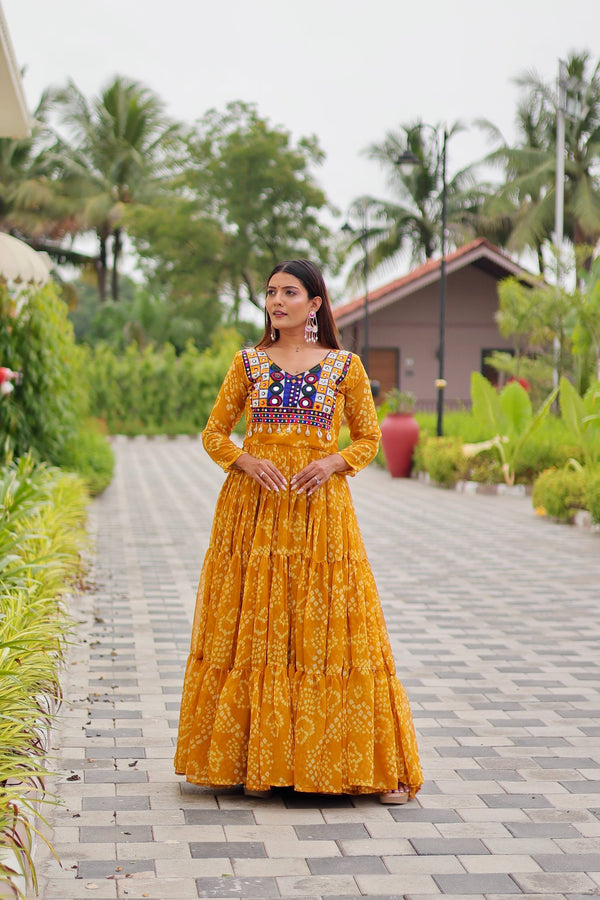 Yellow & Black Navratri Special Kodi Lace & Mirror Work Gown