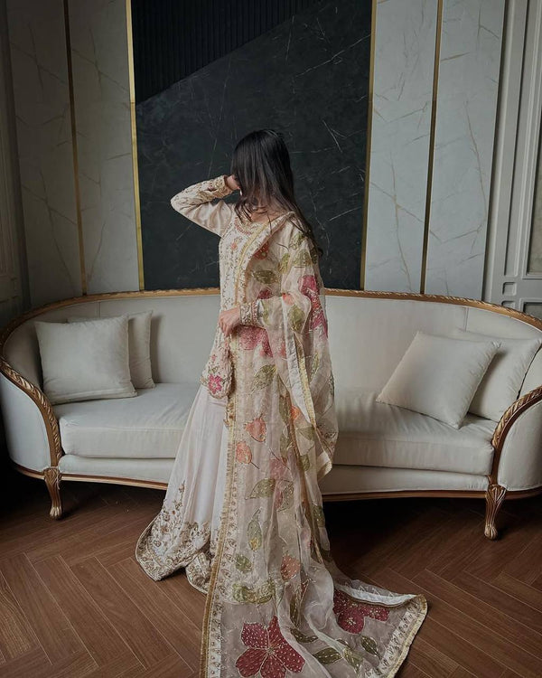 White Chinon Embroidered Suit Set with Plazzo & Digital Print Dupatta