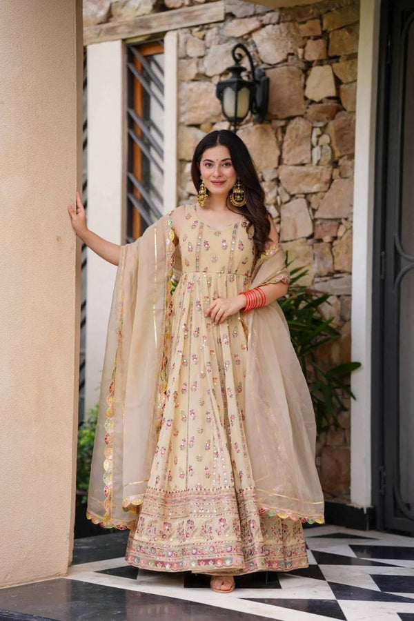 Beige & Grape Green Faux Georgette Anarkali Suit Set