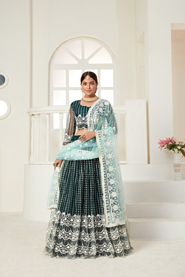 Green Butterfly Net Lehenga Choli with Multi &amp; Sequins Embroidery