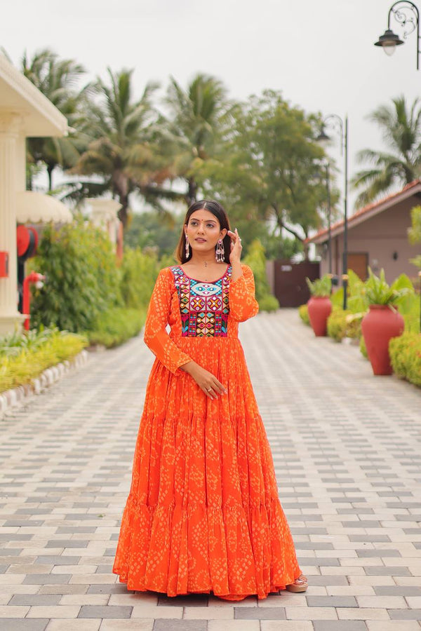 Orange & Pink Navratri Special Mirror & Embroidery Work Gown