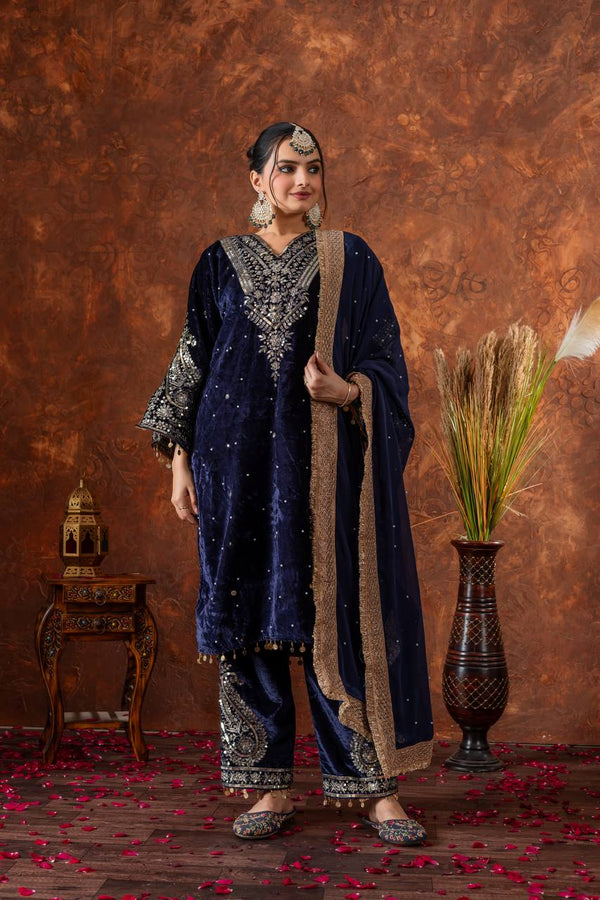 Heavy Pure Viscose Velvet Embroidered Suit Set with Plazzo & Dupatta