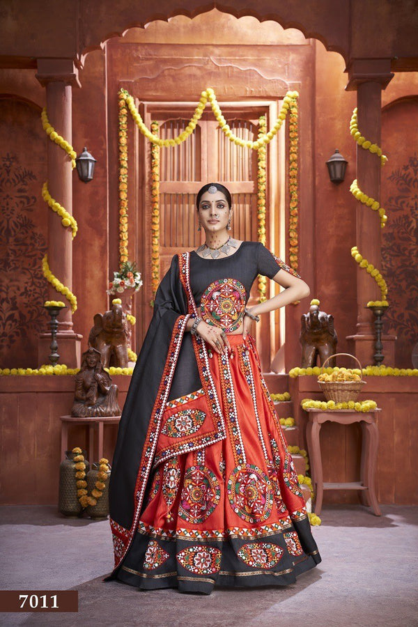 Red Black Art Silk Chaniya Choli with Gamthi & Mirror Work