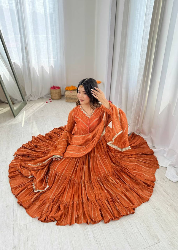 Orange Mal Chanderi Ruffle Anarkali Set
