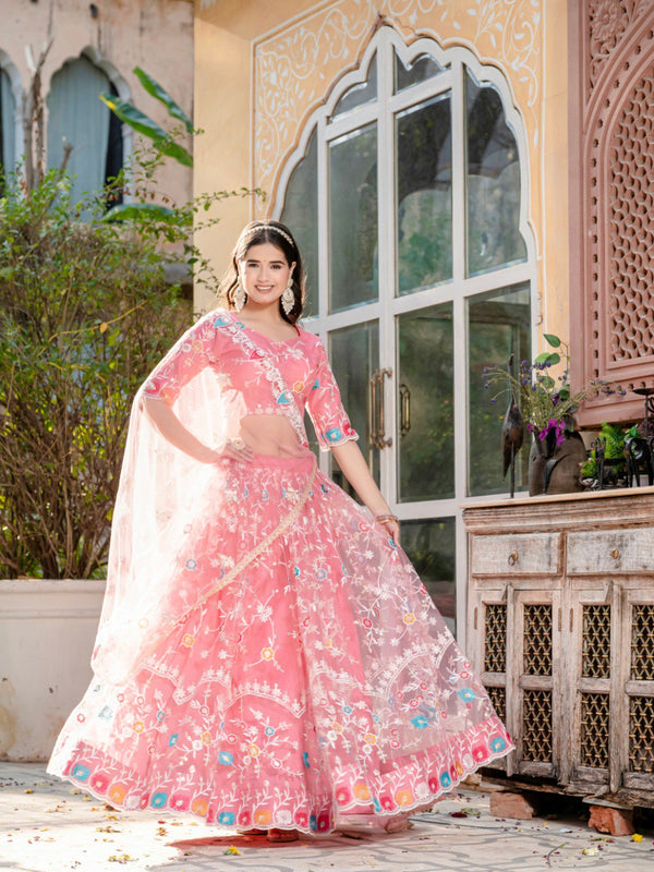 Pink Net Embroidery Lehenga Choli – Sequins & Thread Work