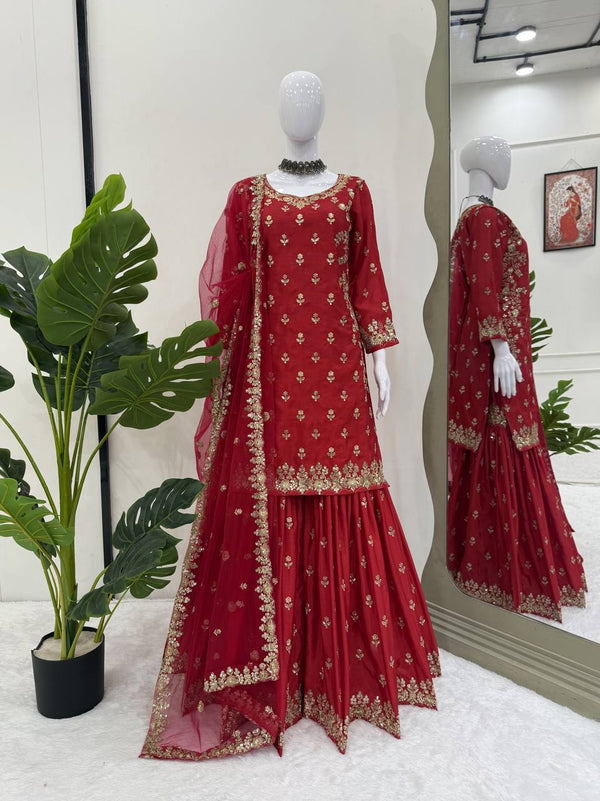 Red Chinon Silk Thread & Sequin Embroidered Sharara Set