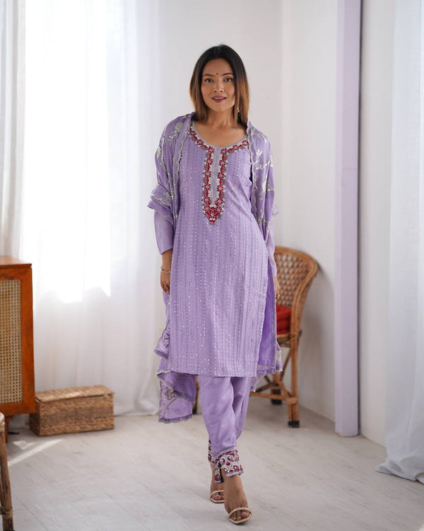 Light Purple & Black Chinon Silk Co-Ord Set with Thread & Sequin Work
