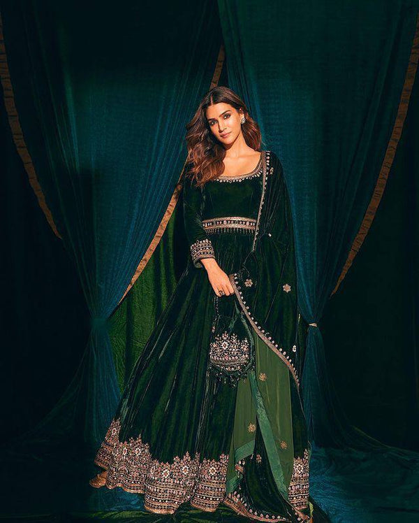 Dark Green Heavy Velvet Embroidered Gown Set