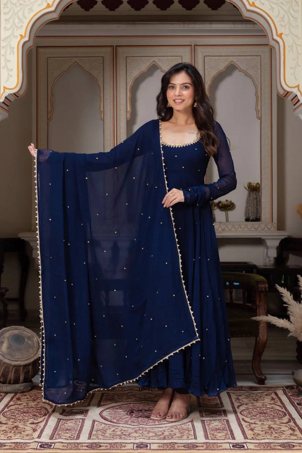 Dark Blue Faux Georgette Hand-Embellished Gown Set with Dupatta & Pants