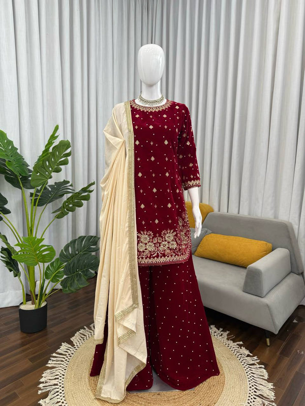 Maroon Heavy Viscose Velvet Embroidered Plazzo Suit with French Crepe Dupatta