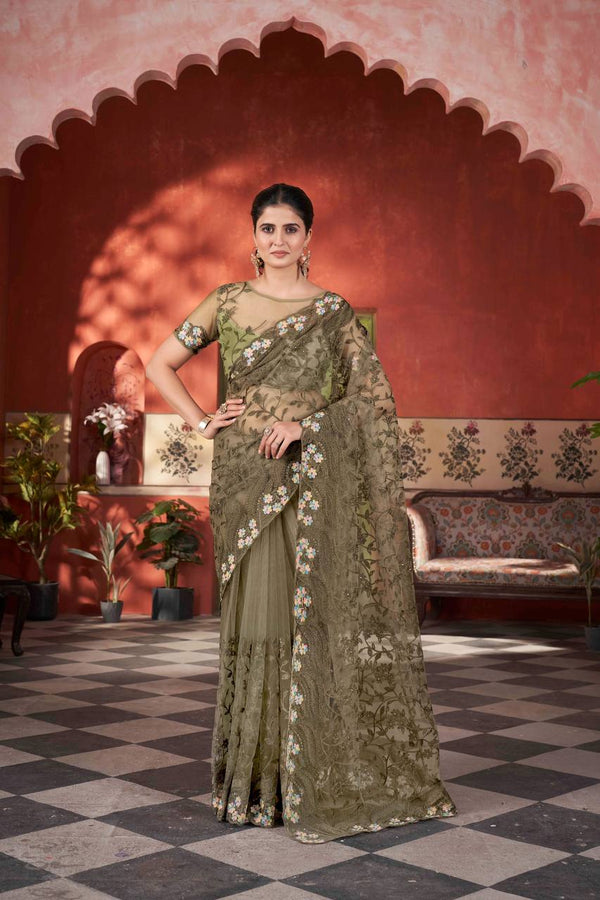 Butterfly Net Saree with Chain Stitch Embroidery & Stone Work