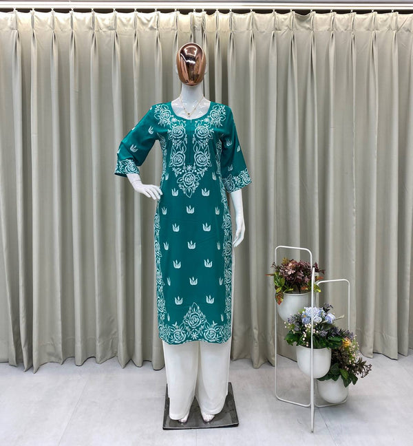 Rayon Kurti Set with Embroidered Palazzo