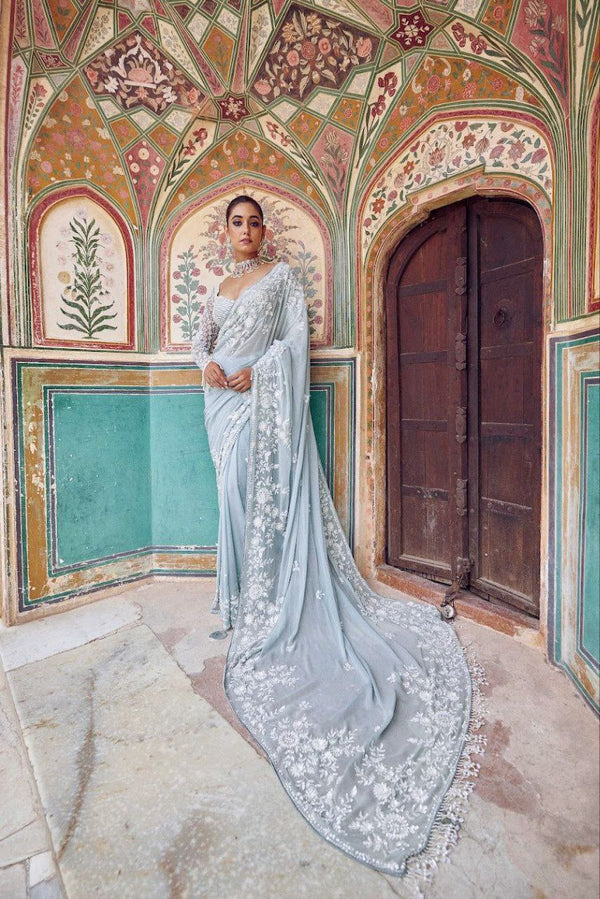 Sky Blue Georgette Saree with Thread Embroidery & Sequins Work