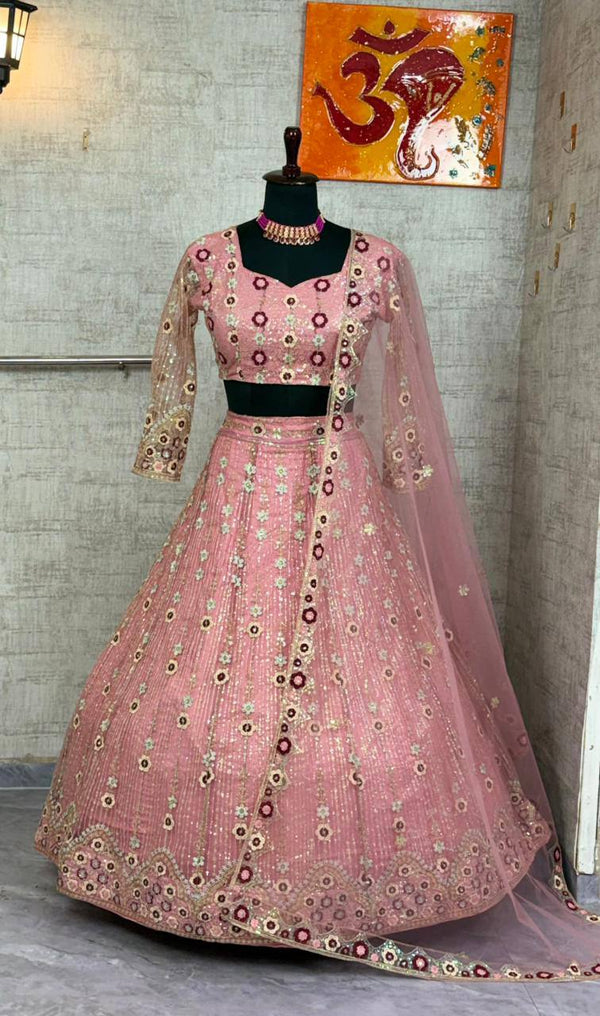 Pink Soft Net Embroidered Sequins Lehenga Choli with Dupatta