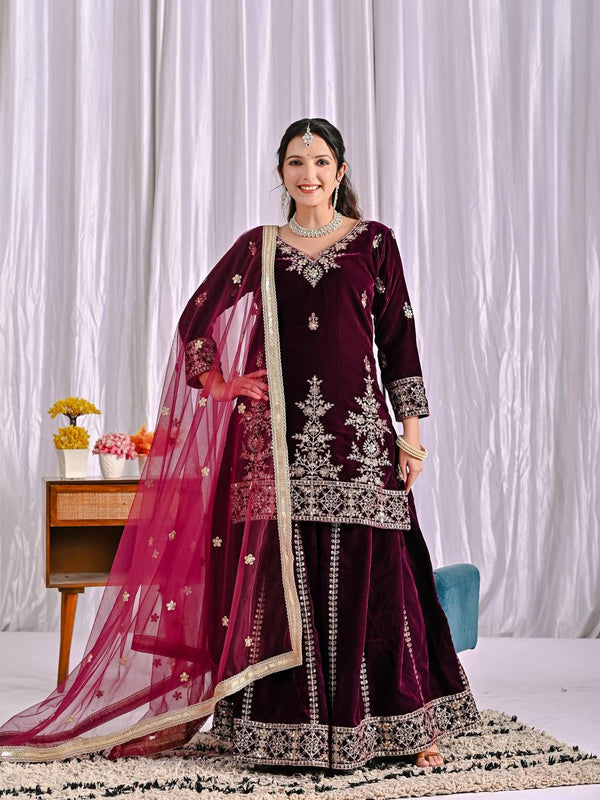 Dark Purple Heavy Viscose Velvet Sharara Suit Set