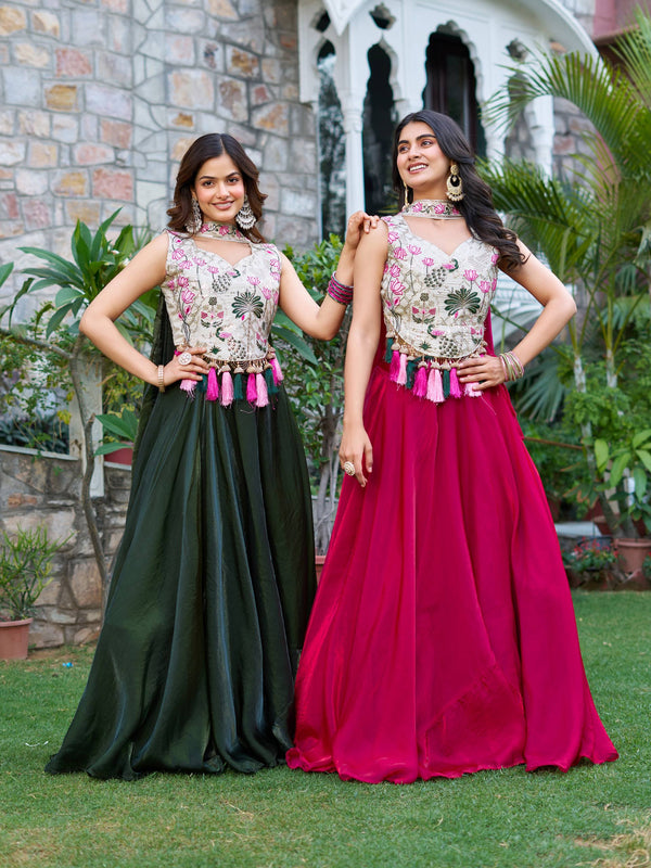 Dark Green & Pink Rakhi Special Designer Lehenga Choli Set