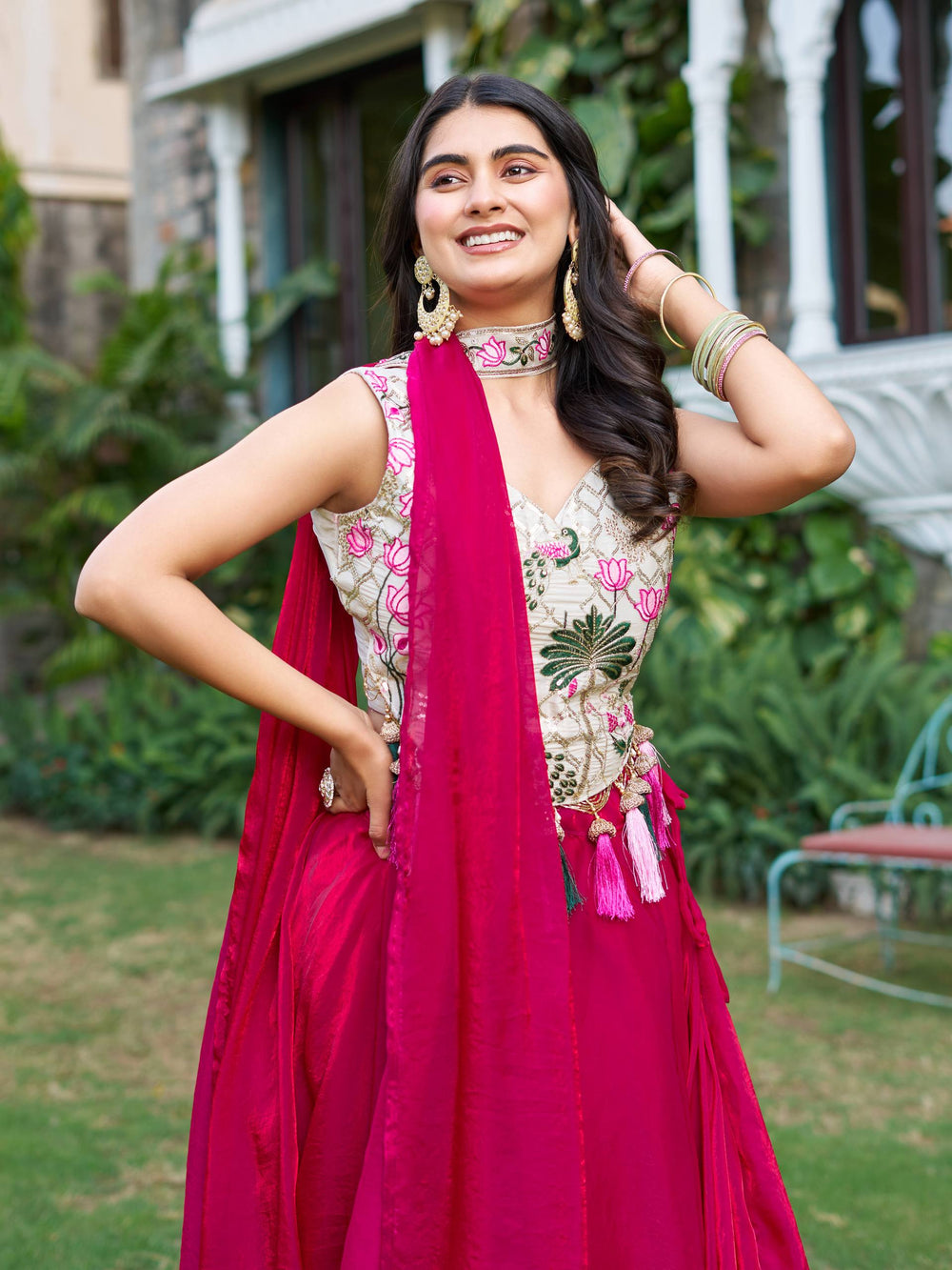 Dark Green & Pink Pure Simar Tissue Silk Lehenga Choli Set – Tiamgee
