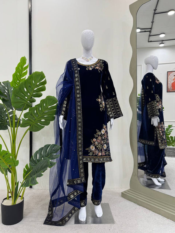 Blue Heavy Viscose Velvet Embroidered Suit Set with Soft Net Pearl Work Dupatta
