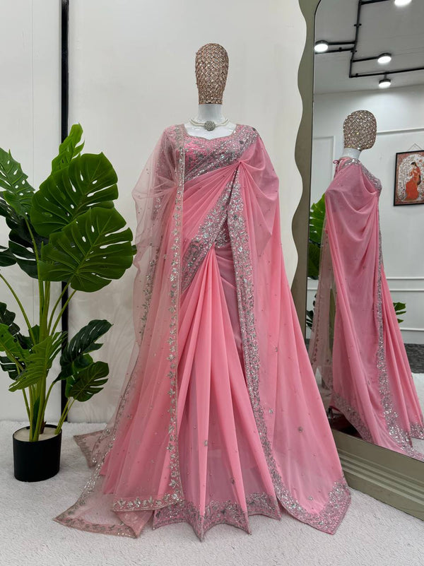 Light Pink Faux Georgette Embroidered Saree with Pearl Work & Soft Net Dupatta