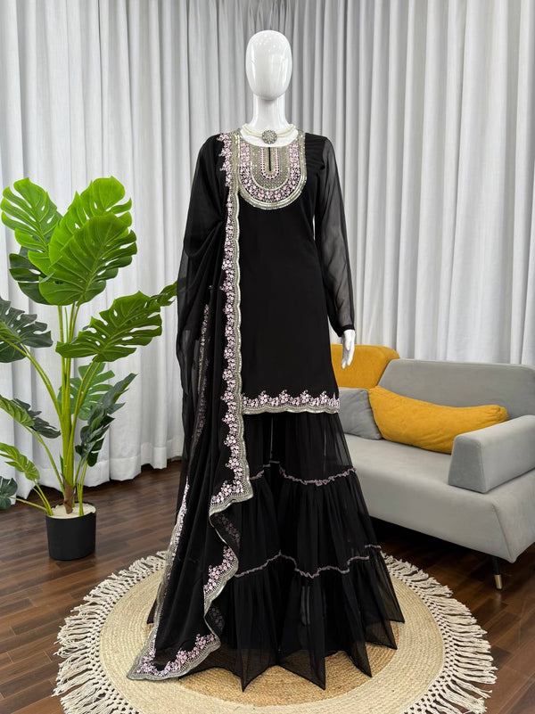 Black Faux Georgette Embroidered Sharara Set with Ruffle Bottom & Dupatta