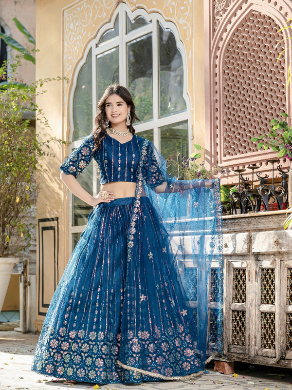 Blue Net Embroidery Lehenga Choli Set