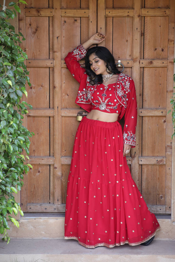 Red Dhoti-Kurti Style 3-Piece Crop Top Set in Georgette with Embroidery Work