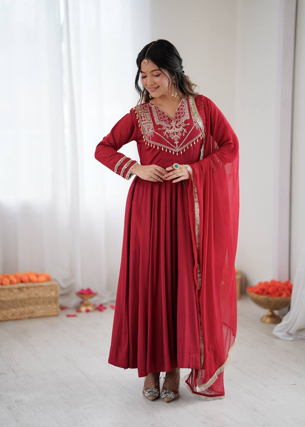 Red & Purple Roman Silk Anarkali Set