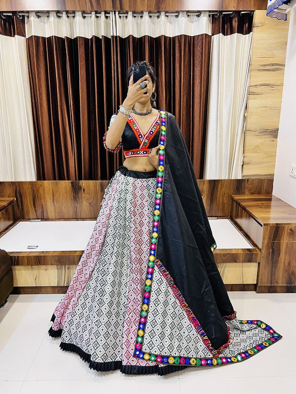Pure Cotton Silk Chaniya Choli Printed with Emboss Work & Mirror Lace