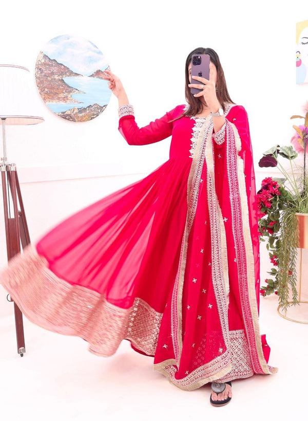 Pink Faux Georgette Designer Gown Dupatta