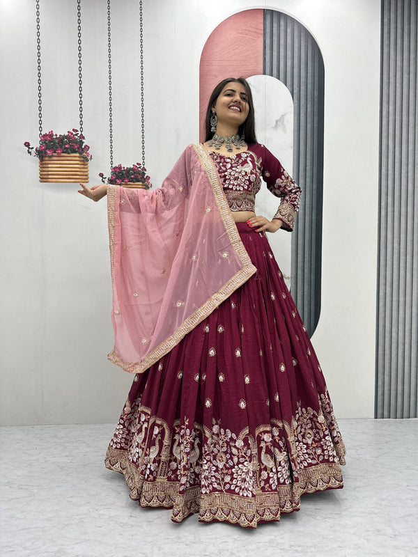 Maroon & Teal Vichitra Silk Embroidered Lehenga Choli with Dupatta