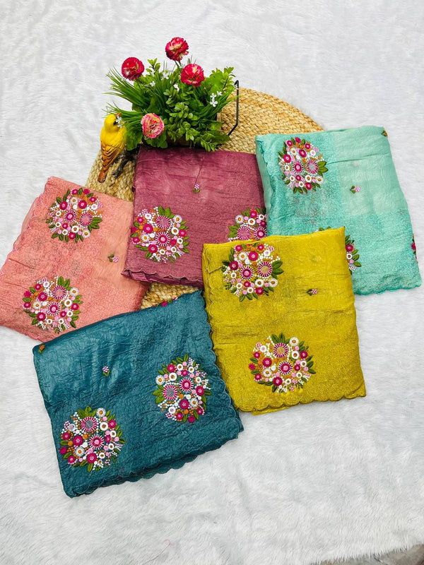 Gold Crush Saree with Multicolor Thread & Cutwork Embroidery