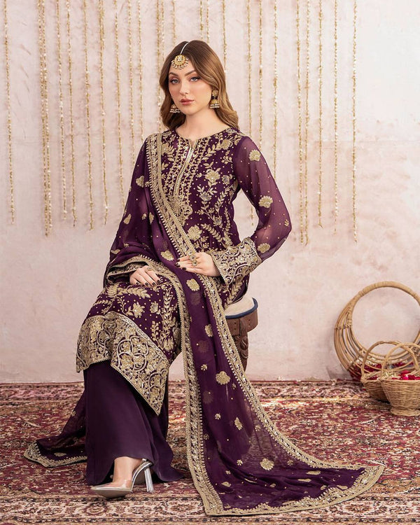 Purple Georgette Embroidered Kurti with Plazzo & Dupatta Set