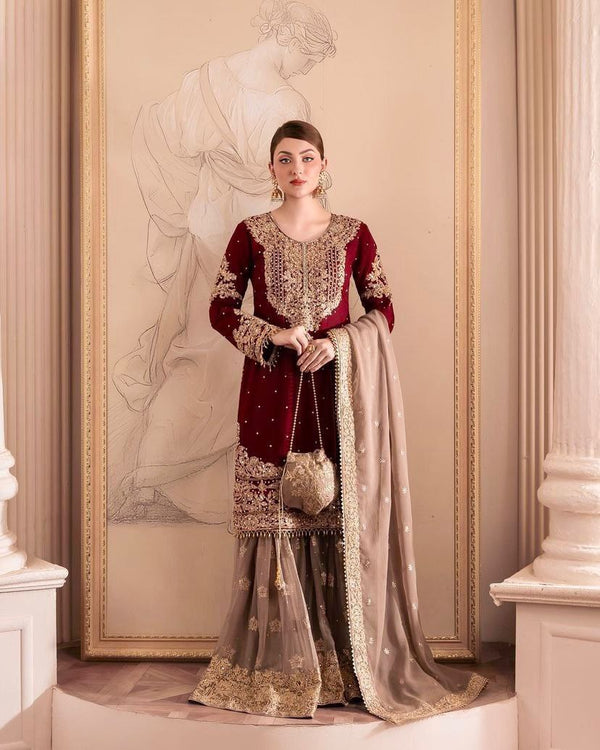 Maroon Faux Georgette Embroidered Palazzo Suit Set