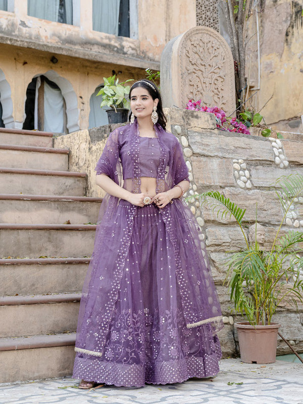 Lavender Net Embroidery Lehenga Choli for Special Occasions
