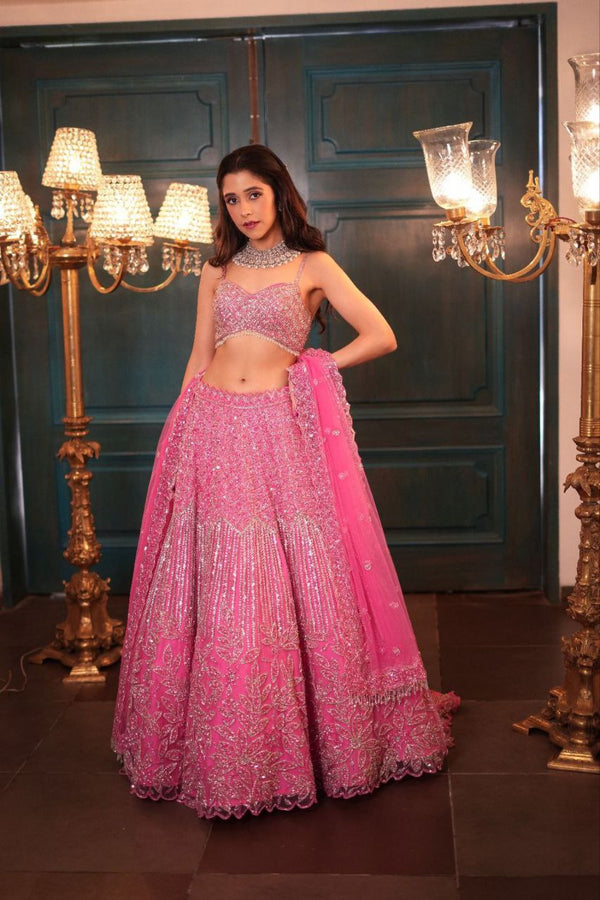 Pink Net Embroidered Lehenga Choli Set with Heavy Rainbow Sequins Work