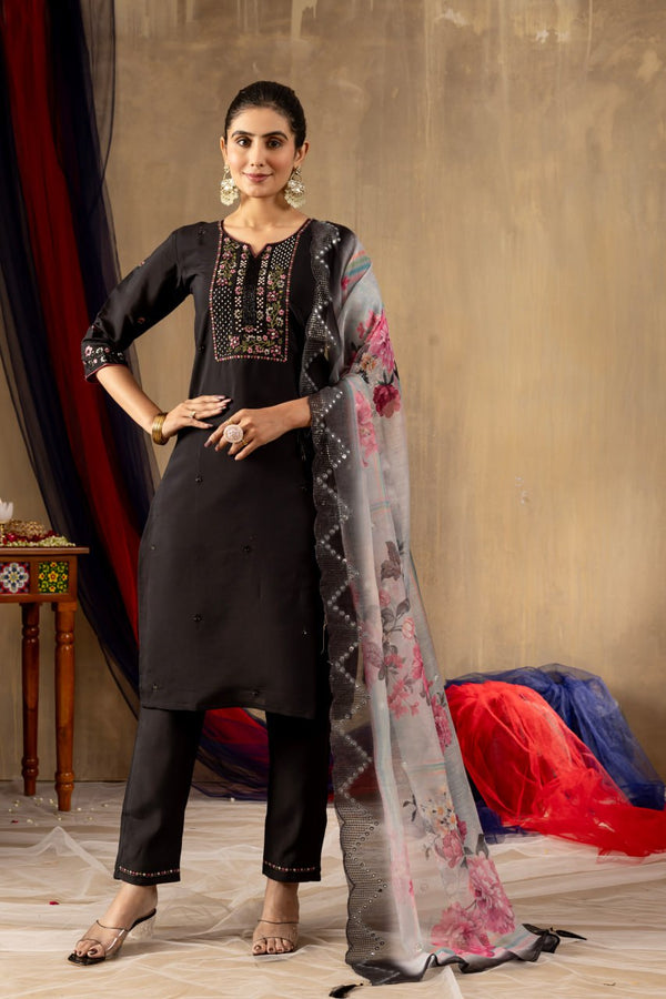 Roman Silk Embroidery Straight Kurti Pant Dupatta Set