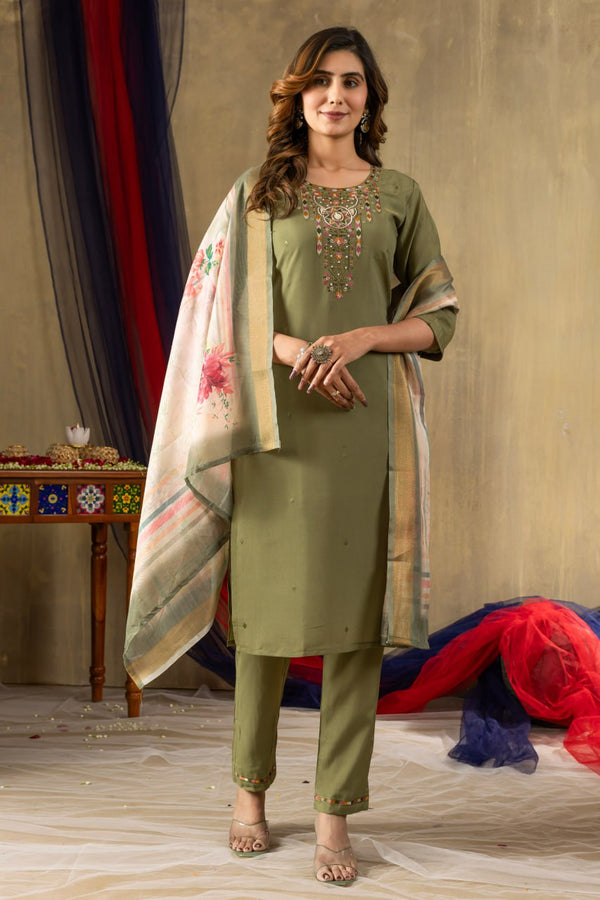 Shimmer Gold Silk Straight Kurti Pant Dupatta Set