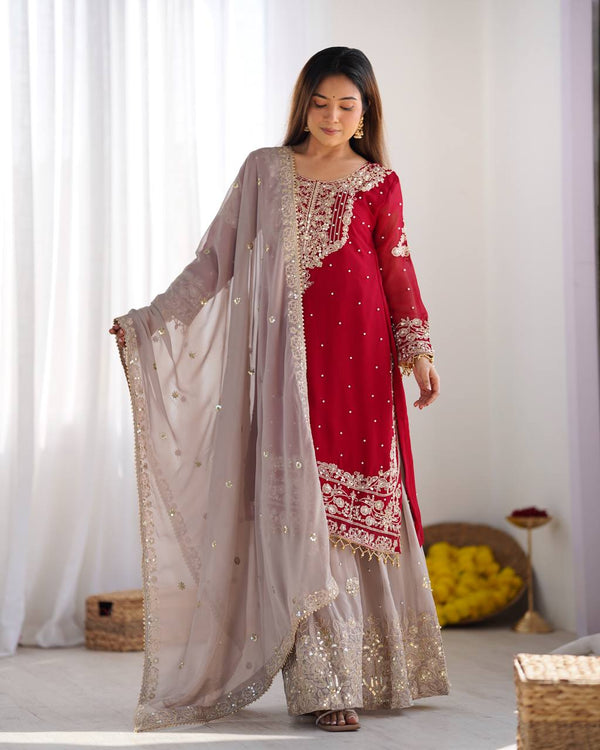 Heavy Faux Georgette Embroidered Palazzo Set Plus Sizes