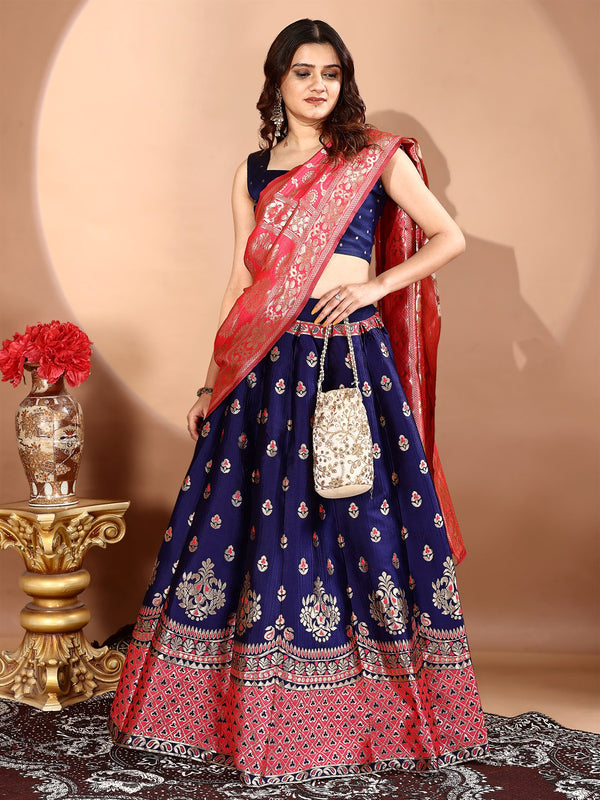 Navy Blue Soft Jacquard Lehenga Set with Blouse & Dupatta