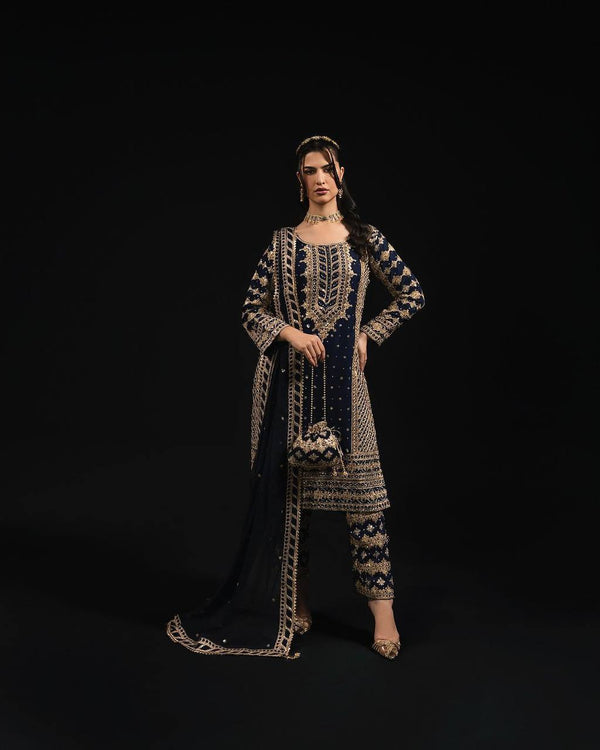 Navy Blue Georgette Thread & Sequin Embroidered Co-Ord Set with Dupatta