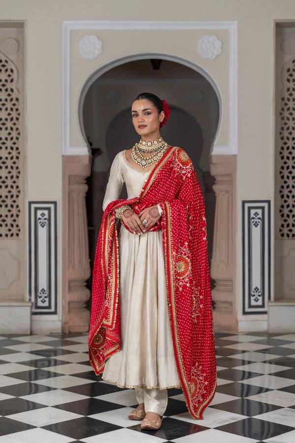 Chinon Anarkali Suit Set with Printed Dupatta