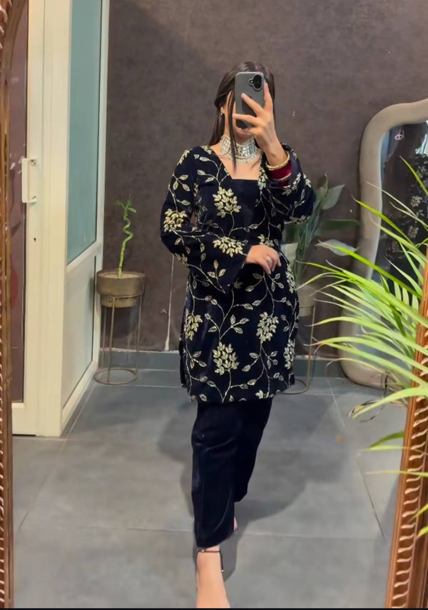 Blue Pure Heavy Viscose Velvet Embroidered Suit Set