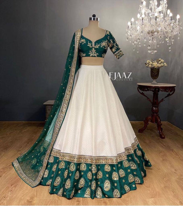 White Tapeta Silk Embroidered Lehenga Set with Net Dupatta