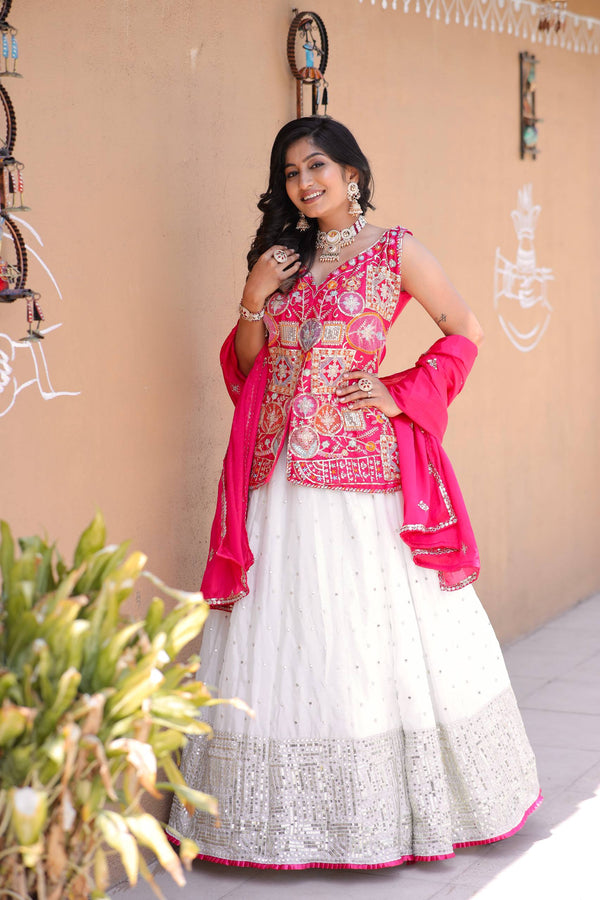 Chinon Silk Lehenga Set with Embroidery, Mirror Work & Dupatta