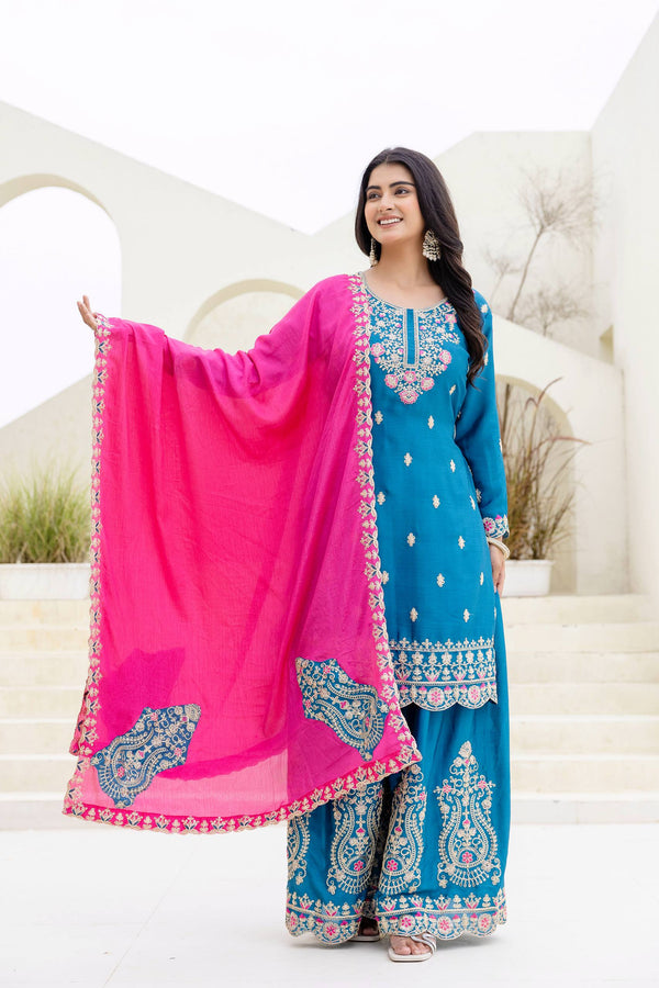 Chinon Embroidered Kurti Plazo Set with Dupatta
