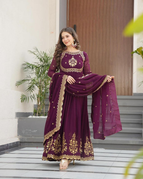 Purple & Teal Faux Georgette Gown with Dupatta