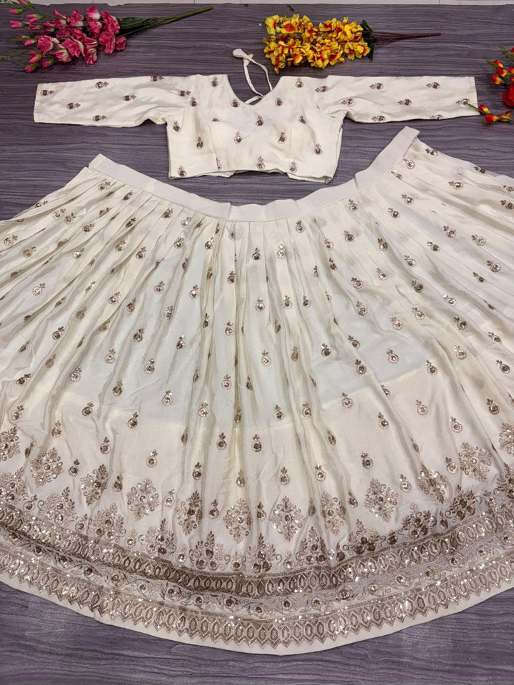 Beige Silkyani Slub Cream Lehenga Choli - Tiamgee