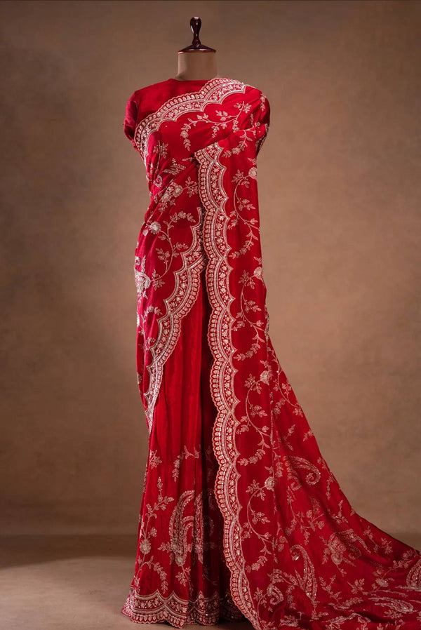 Red Pure Fandy Satin Silk Saree with Sequins & Multi-Thread Designer Embroidery