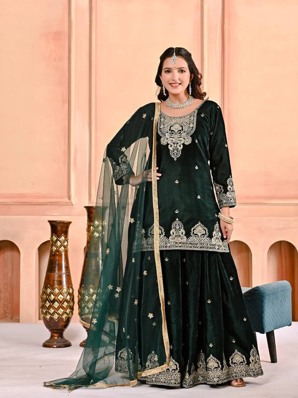 Green Viscose Velvet Embroidered Sharara Set