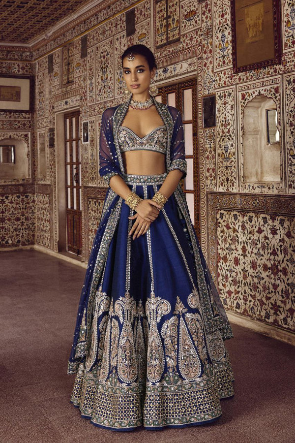 Dark Blue Heavy Slub Silk Embroidered Lehenga Choli with Sequins & Net Dupatta